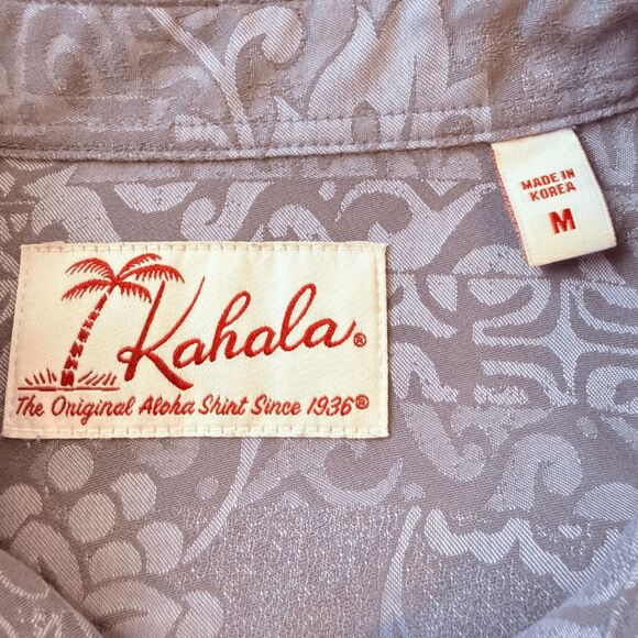 Kahala Mens Jacquard Floral Short Sleeve Apana Button-up Aloha Shirt Gray Medium - Picture 4 of 9